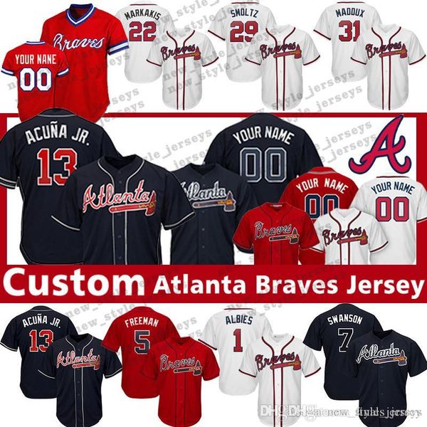 

13 Ronald Acuna Jr Custom Atlanta jersey Braves Greg 31 Maddux Brian 16 McCann 22 Nick Markakis 20 Josh Donaldson Baseball Jersey