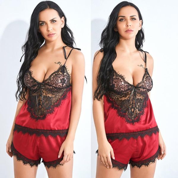 

pajamas set women lace satin sleepwear sleeveless strap nightwear lace camisole shorts suit two piece lingerie, Black;red
