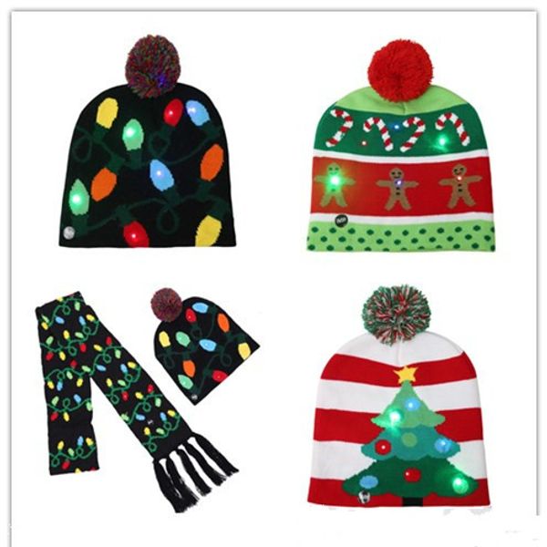 

2019 new led christmas different designs knitted hat scarf kid adults santa claus snowman reindeer elk festivals hats xmas party gifts cap