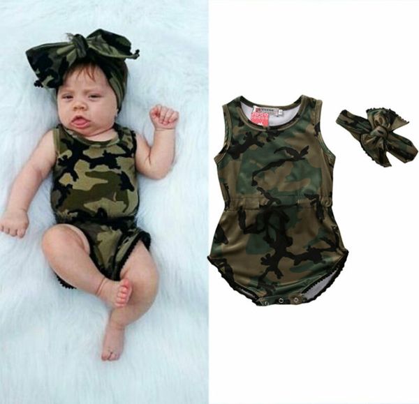 

cute infant baby girls camo sleeveless cotton romper jumpsuit +headband 2pcs outfits clothes set, White