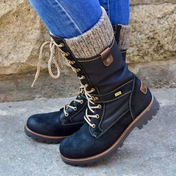 

winter shoes women boots basic women mid-calf boots round toe zip platform decor female shoes warm lace up, Black