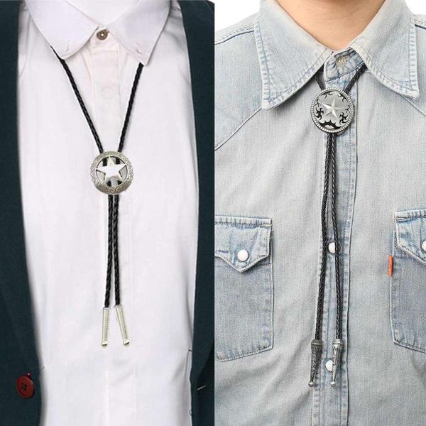 

cowboy star bolo tie, men women vintage casual neckties, rodeo black hollow out stars shirt bola tie pendant necklace, Black;blue