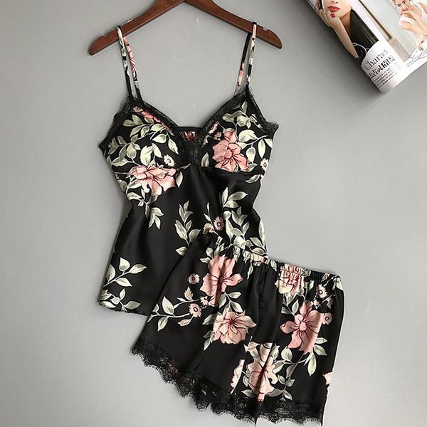

2018 new fashion women satin lace sleepwear suits 2 pcs female lace pajama sets ladies nightdress printed suits, Blue;gray