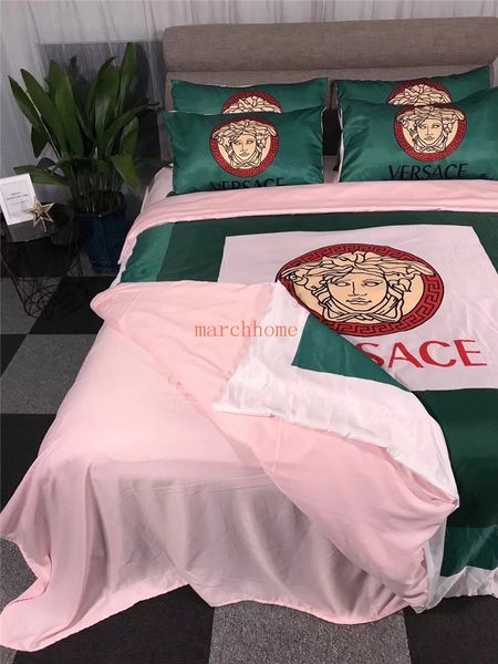 

2020 spring summer silky modal natural fiber bed 4-piece set letter v print style quilt cover simple fashion pink green quilt cover