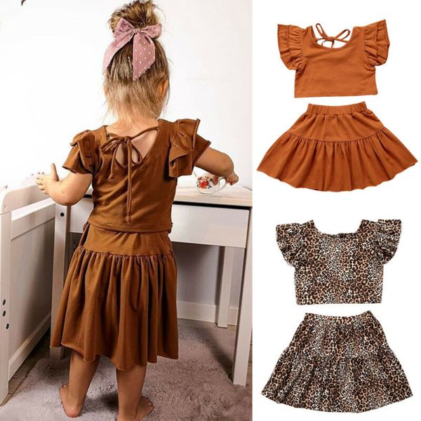 

little girl ruffle sleeve solid t-shirt crop and skirt set leopard print crop and skirt outfits, White