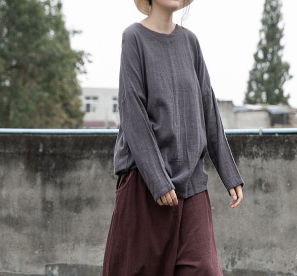 

new women vintage plus size shirts loose cotton pullover female long-sleeved shirt retro original gray shirts and, White