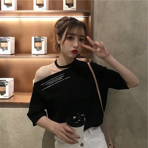 

summer women's new hanging neck strapless design shirt loose wild print short-sleeved base t-shirt