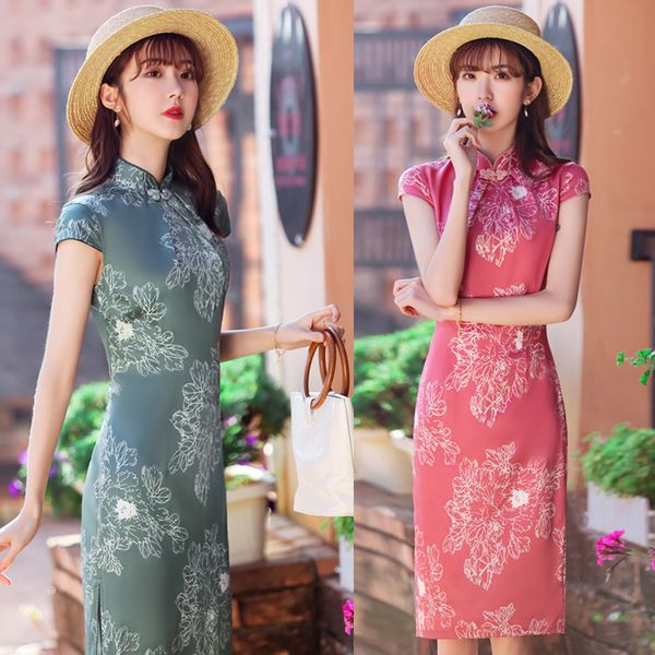 

mandarin collar qipao chinese women's elegant short lady handmade button cheongsam dress clothing size -xxxl, Red