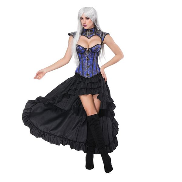

sladuo victorian retro leather brocade overbust corset dress with jacket costume party waist trainer steampunk clothing, Black;white