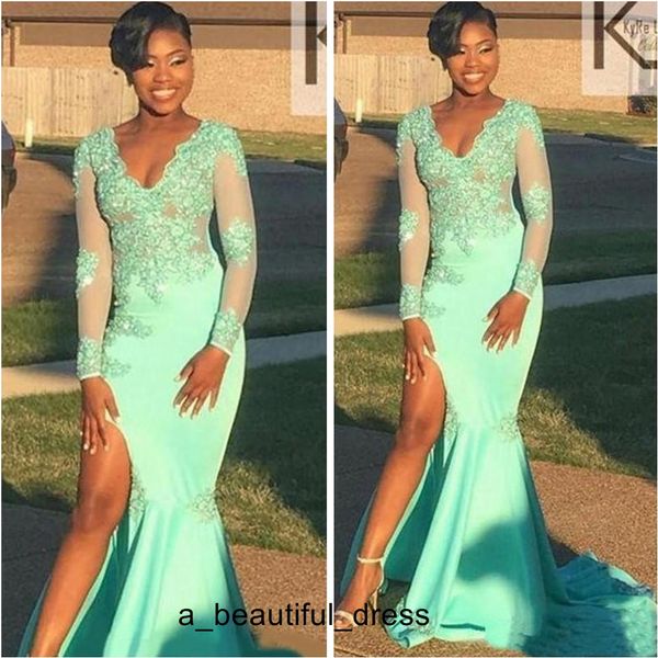 

v neck mint green arabic evening dresses wear long sleeves side split african mermaid formal prom party gown ed1261, Black;red