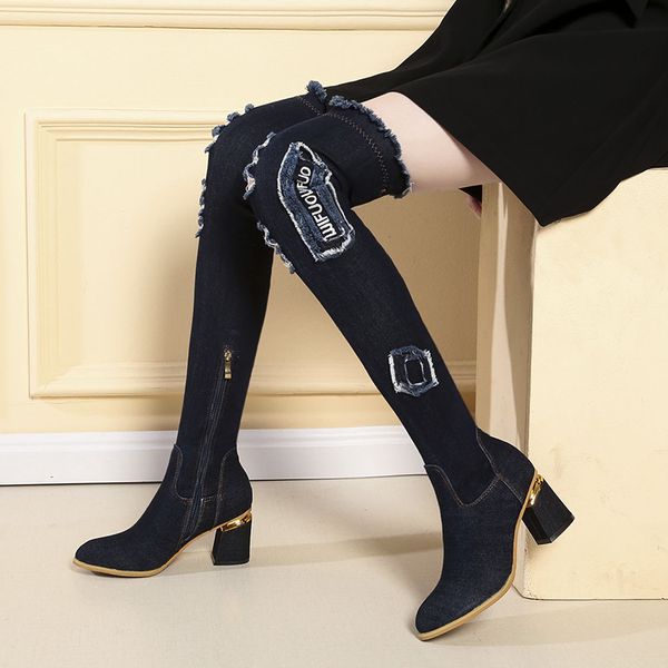 

botines mujer 2019 high heels denim buckle women shoes winter woman jean lady over the knee thigh high boots booties n86, Black