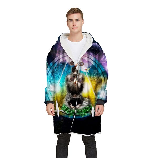 

wool hooded coat men hooded winter long coat men horn buckle plus velvet thick 3d printed blouse, Black