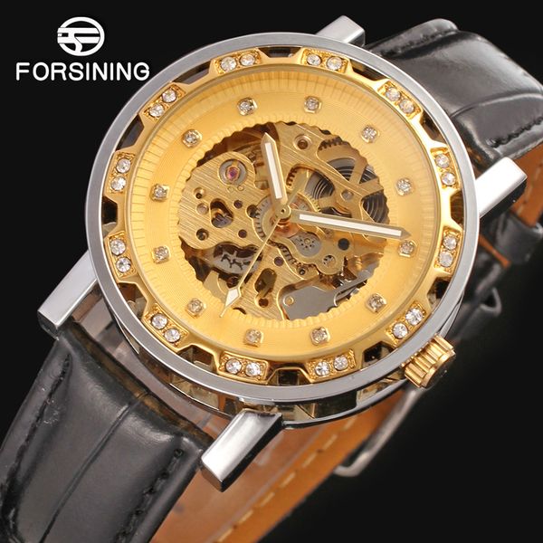 

forsining men diamond mechanical watches fashion skeleton hollow design automatic self-wind wrist watch black leather strap cloc, Slivery;brown