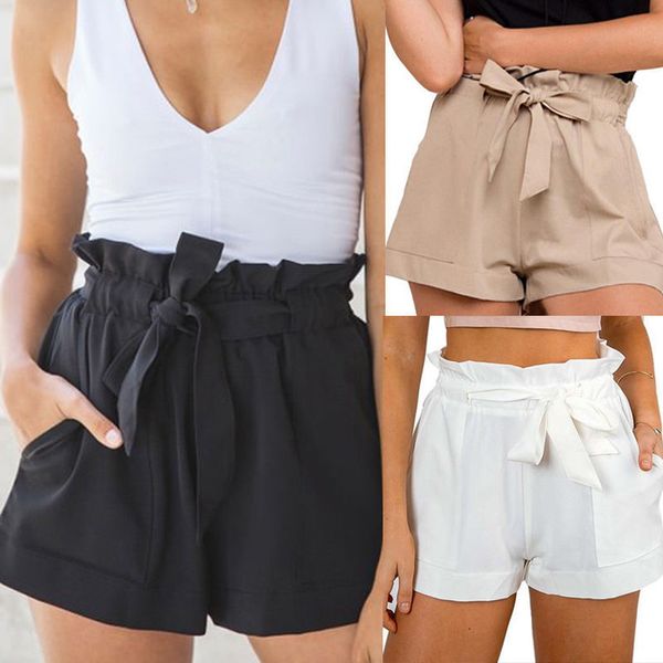 

Women Casual Fashion Summer High Waist Sashes Solid Straight Cotton Elastic Waist Crepe Hot Shorts Shorts
