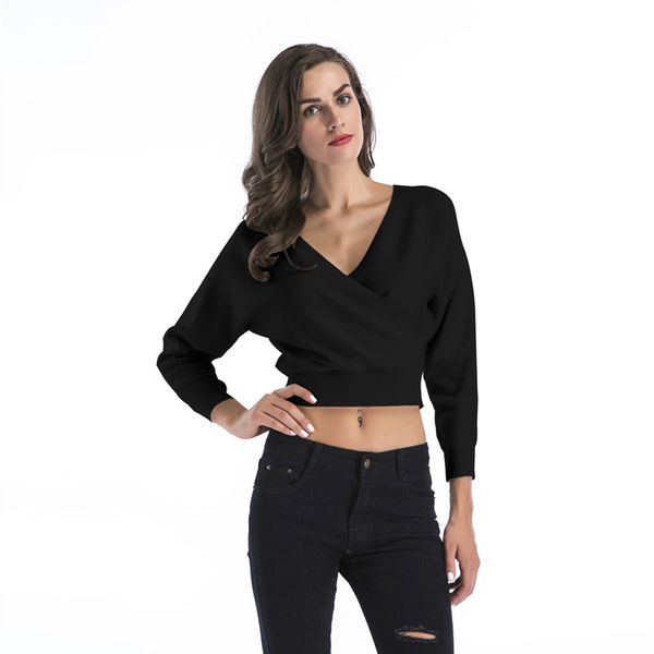 

5 color women v neck cropped sweater skinny lady solid blouse dance fashion woman girls streewear crop #30, White;black