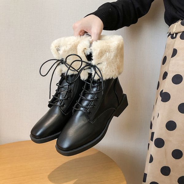 

lady boots women shoes autumn round toe lace up luxury designer boots-women ladies fashion rock ankle rubber med 2019, Black