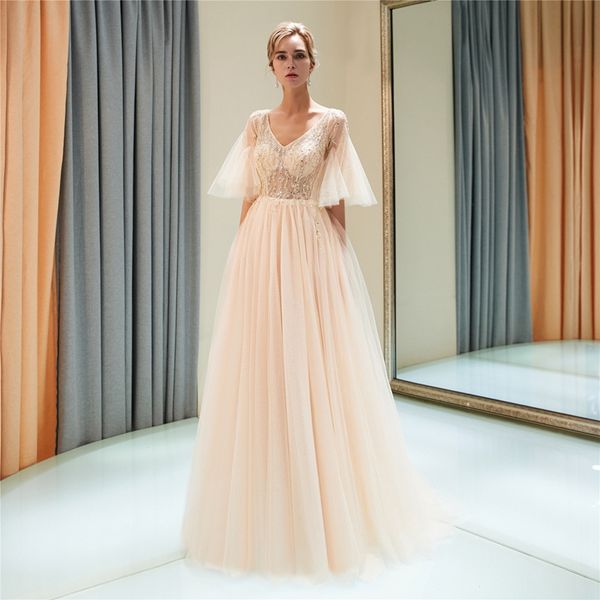 

f002 v-neck pretty prom dresses with poet sleeve see through formal evening dresses with long tail beaded tulle evening dresses with zipper, Black;red