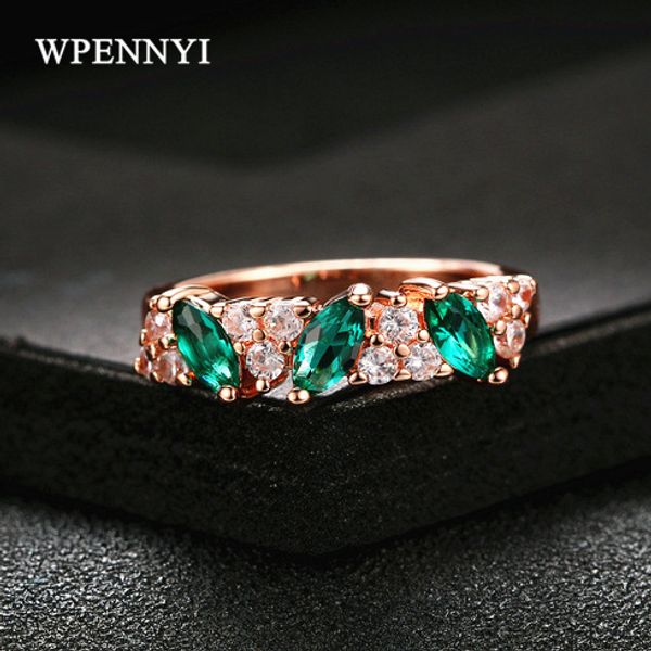 

Rose Gold Color Olive Branch Design Sparkling Green Zirconia Crystal Woman Finger Rings Wholesale Christmas Gifts Anti-allergic