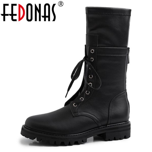 

fedonas women autumn winter mid-calf boots genuine leather punk high motorcycle boots cross-tied platform night club shoes woman, Black