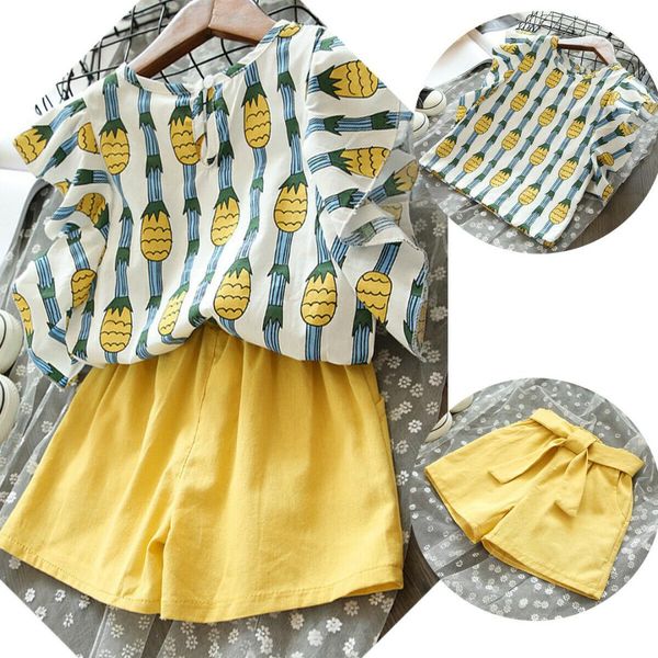 

2-7y baby clothes 2pcs toddler kid baby girl clothes pineapple t-shirt bow shorts outfits set cotton blended breathable, White