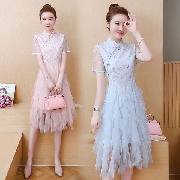 

2019 women cheongsam lace hollow out qipao floor length mesh dresses chinese ladies dress chinese dress cheongsam, Red