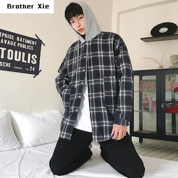 

new arrivals plaid hoodie shirt men fashion retro casual shirt man streetwear hip hop loose long-sleeved trend hooded, White;black
