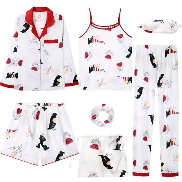 

perfering nightgown 7 pieces pyjama set 2019 women suits sweet cute nightwear home clothes sleepwear casual soft silk ins, Black;red