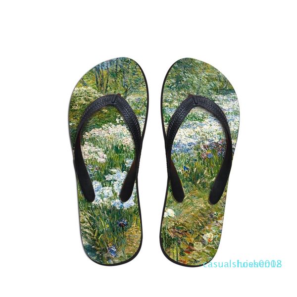 

casual man flip flops beach anti-slip sandals casual anti-slip flat house shoes sea and nature painting print beach shoes c18, Black