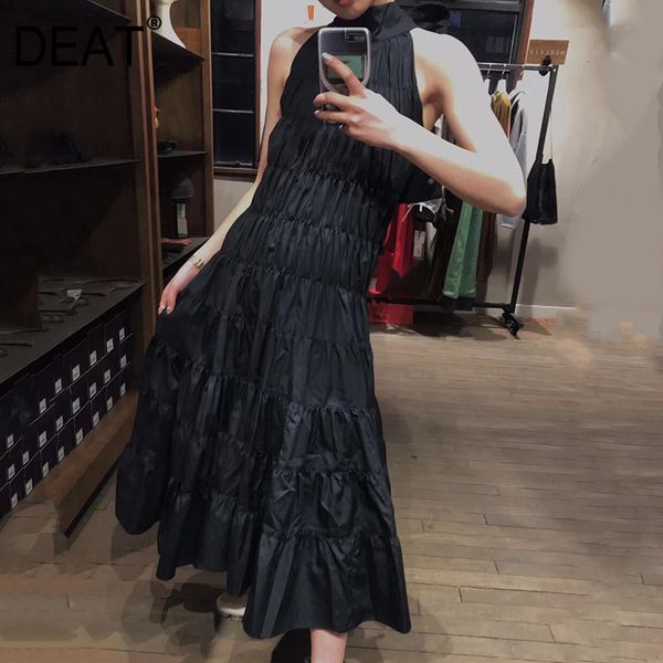 

deat] 2019 new spring summer halter sleeveless pleated split joint loose long temperament dress women fashion tide jt49, Black;gray