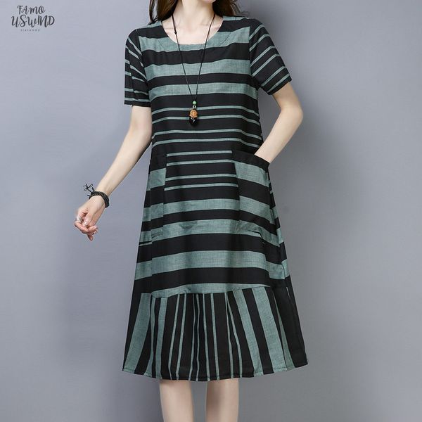 

womens vintage striped print short sleeve ladies short sleeve casual knee dress cotton linen 2020 vestidos plus size striped, Black;gray