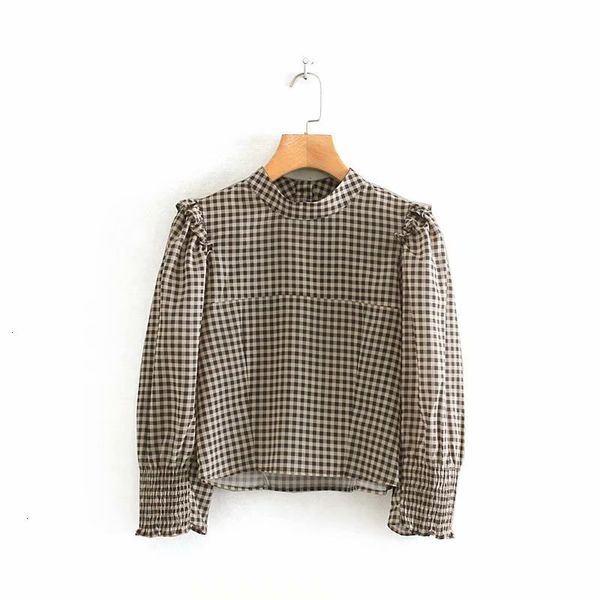 

women vintage stand collar plaid print short shirt ladies agaric lace decorate blouses chic autumn retro back button ls4316, White