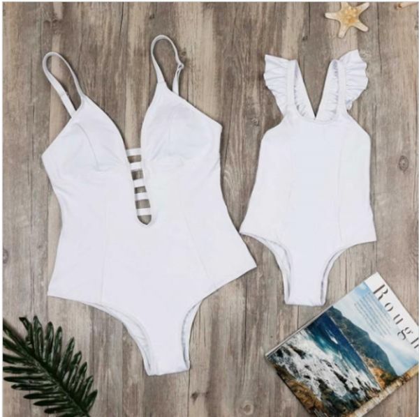 

2019 family matching solid puff sleeve swimsuit mother daughter swimwear jumpsuit beachwear bating beach bottoms triangle soft