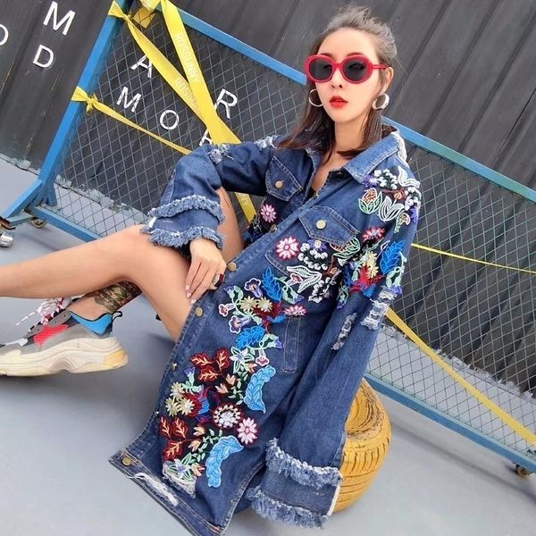 

appliques embroidery denim jacket long loose holes jeans jackets women fashion chaqueta mujer 2019 autumn new arrivals, Black;brown