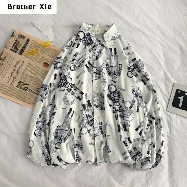 

autumn new hip hop shirt men fashion cartoon print casual shirt man streetwear wild loose long-sleeved male clothes -2xl, White;black