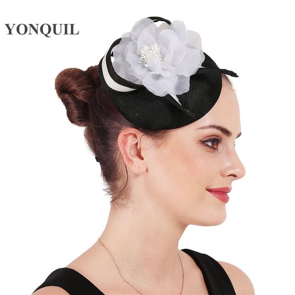 

elegant female black hats fascinators with white floral nice headwear ladies prom occasion wedding loops hair fascinator access