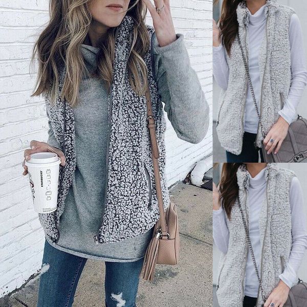 

women vest fur jacket fluffy waistcoat sleeveless outerwear cardigan coat 2019, Black;white