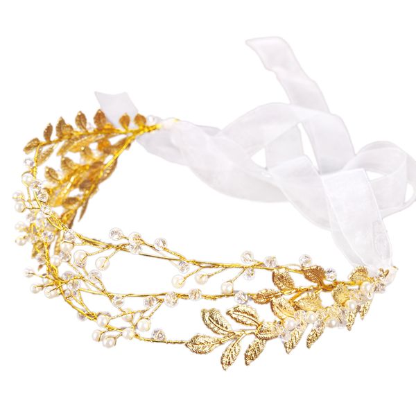 

handmade ribbon gold leaves pearl headband crystal hair jewelry wedding hair accessories romantic bridal tiara crowns headdress, Golden;white
