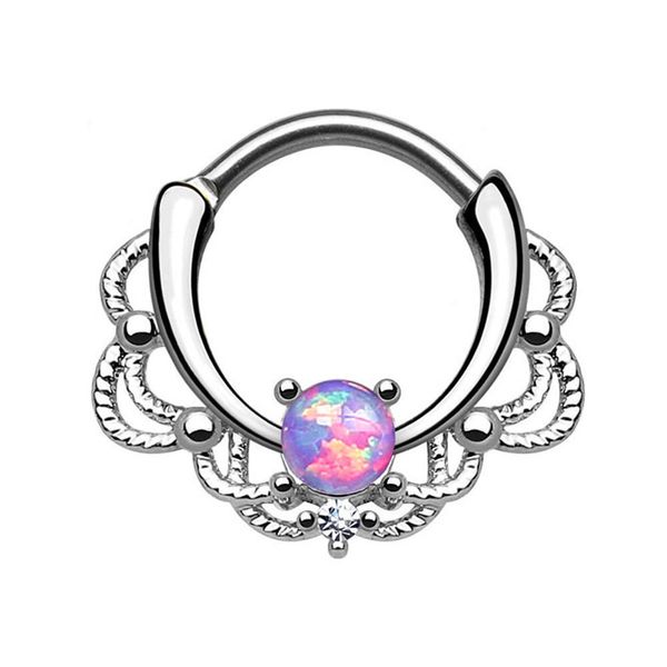 

1pc single opal stone hinged septum clickers titanium shaft 10g pierced round nose rings piercing daith rook body jewelry, Slivery;golden
