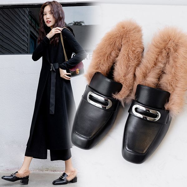 

us4-11 womens genuine leather real fur slip on block heel mules belt buckle warm winter boots shoes black plus size