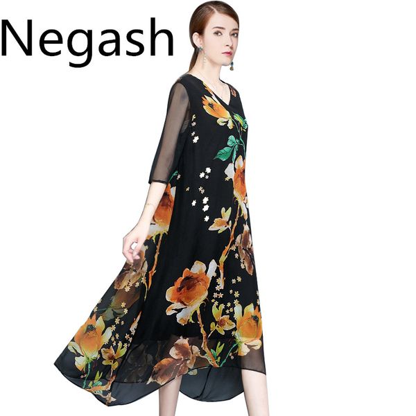 

new women's floral print vintage dress plus size sweet lady half sleeve v neck casual summer spring chiffon chinese style dress, Black;gray