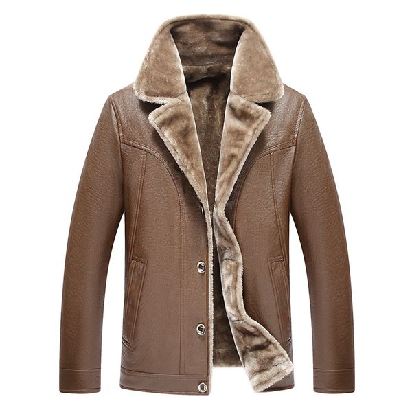 

pu leather fleece fur jacket winter warm for men autumn thick casual long sleeve classic parka coat padded varsity overcoat male, Black