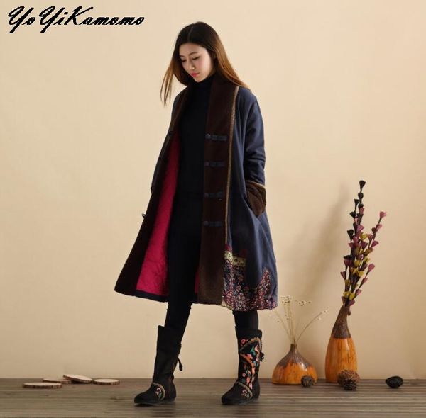 

yoyikamomo winter women thick parkas 2017 cotton linen national cotton-padded long warm women coat, Black