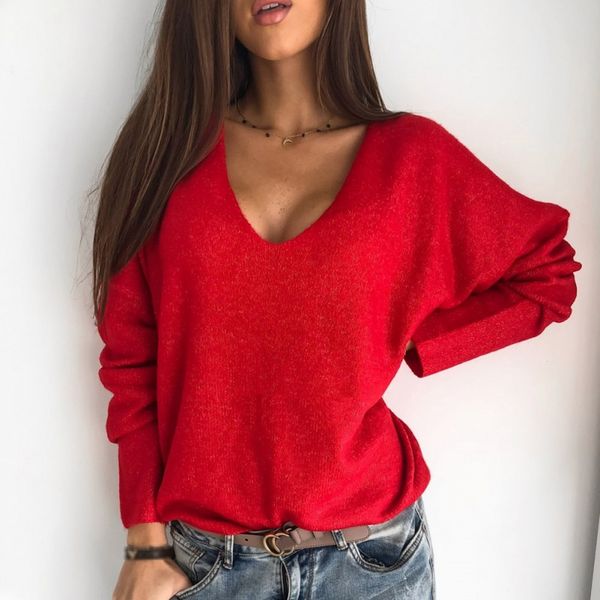 

women sweater fashion autumn winter warm solid color long sleeved v collar loose pullover knitted bottom sweater 4 colors, White;black