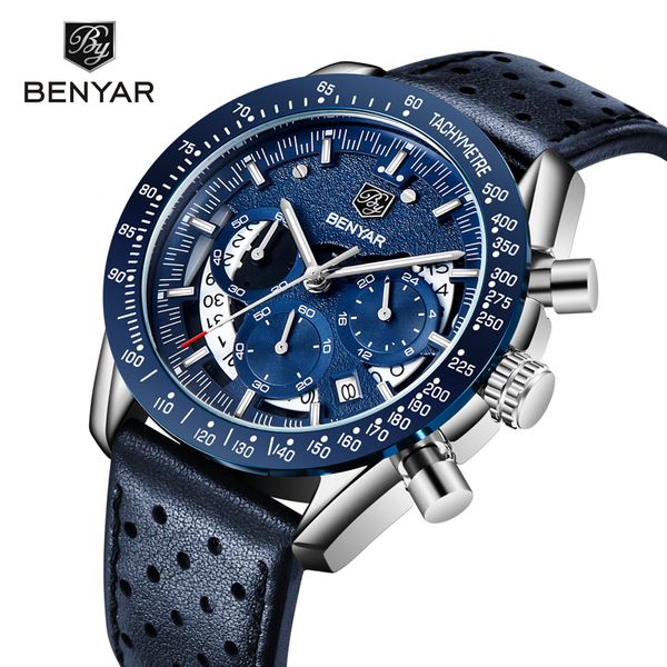 

benyar fashion watch men quartz wristwatches waterproof chronograph sports leather mens watchesband montre homme 2019, Slivery;brown