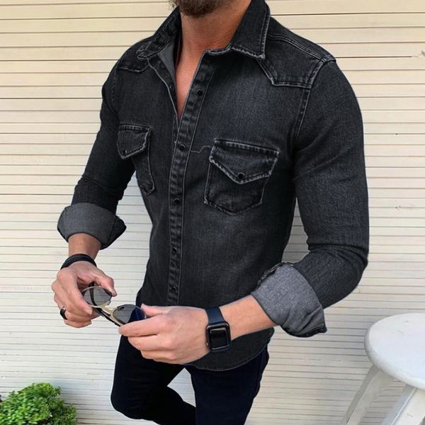 

vogue fashion mens denim shirt long sleeve plus size cotton jeans cardigan casual slim fit shirts two-pocket clothing, White;black