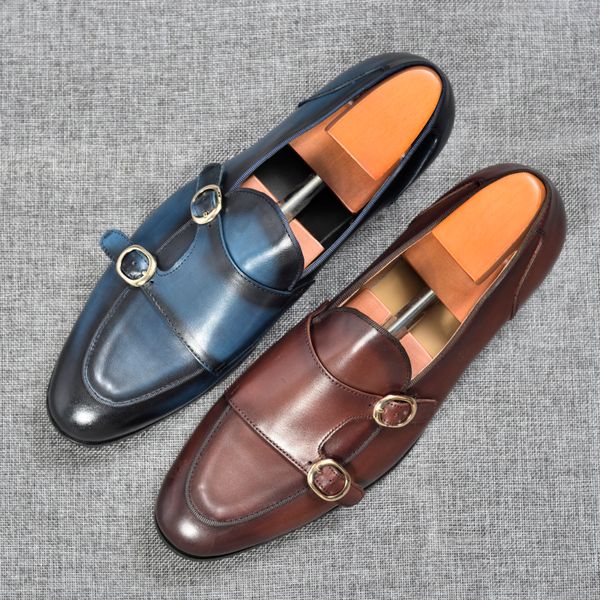 

genuine leather mens casual shoes brown blue color office business oxford double buckle strap italy style shoe, Black