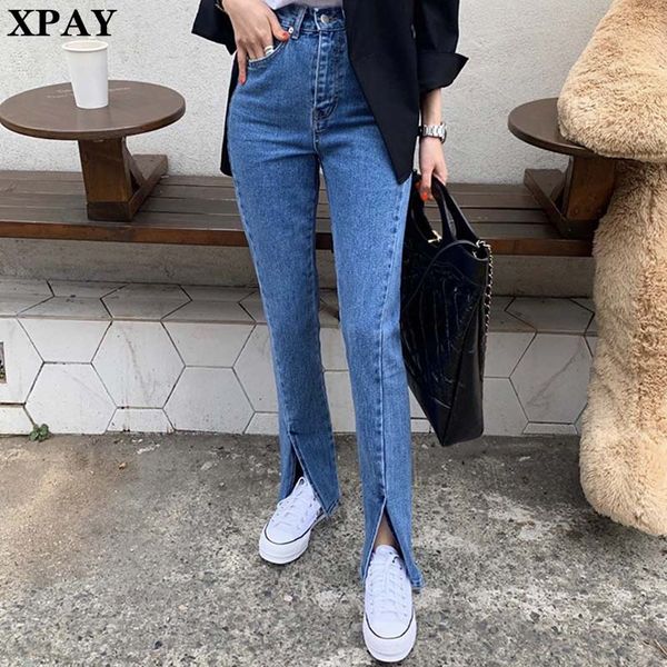 

high waist streetwear blue denim women jeans 2020 summer new casual long female jeans vintage front split denim pants trousers