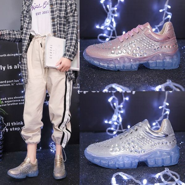 

2019 summer new style ins net red shoes man-made diamond dad shoes women's korean-style versatile crystal tramsparent base, Black