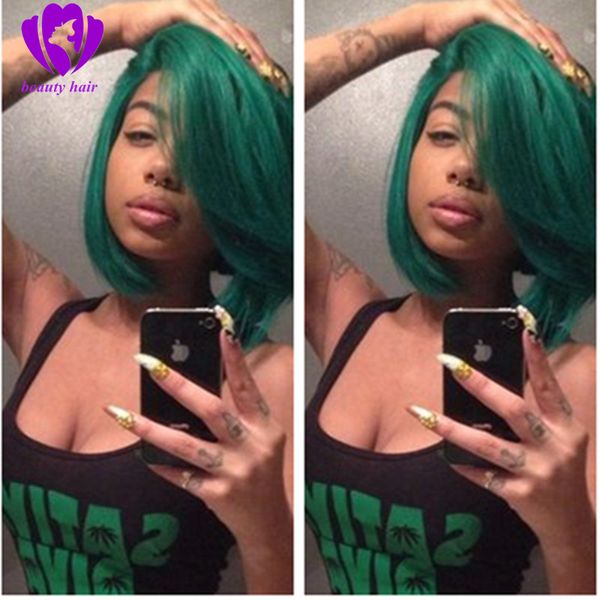 

13x4 bob lace front wig synthetic hair 150% brazilian ombre green color short bob wigs for women, Black;brown