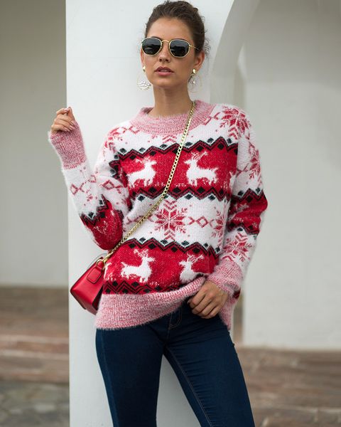 

christmas snowflake elk womens sweater holidays long sleeve o neck comfortable winter autumn womens designe pullover sweaters, White;black